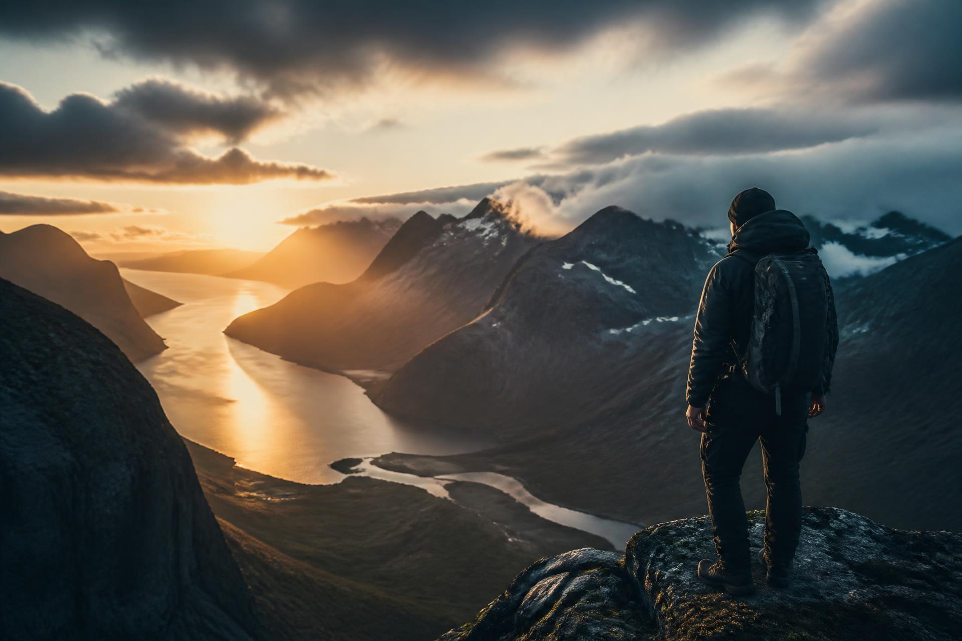 A lone explorer above a remote fjord at dusk